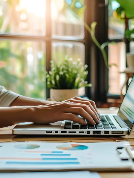 Femme travaillant sur un ordinateur portable avec des  documents d'affaires sur le bureau