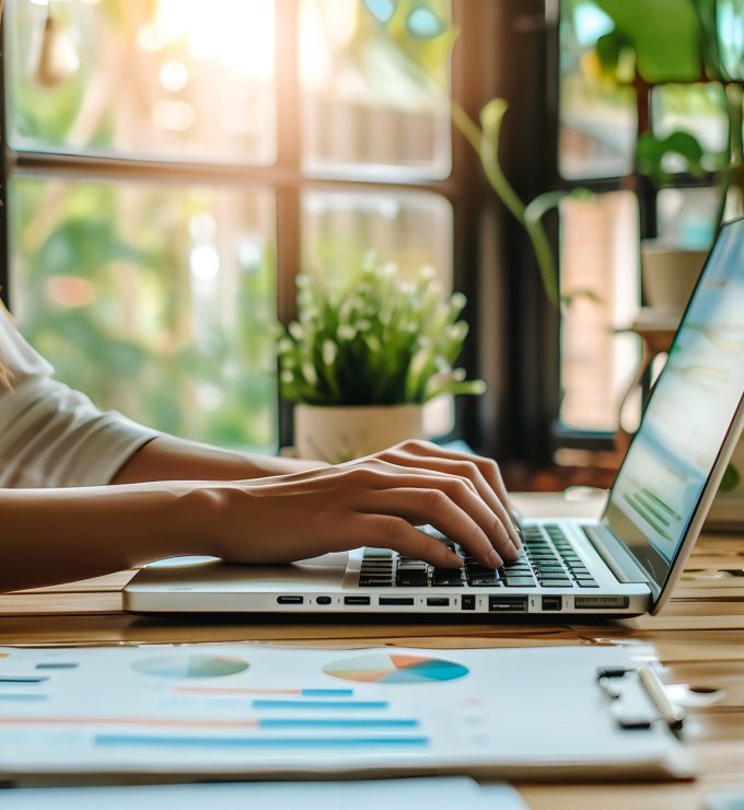 Femme travaillant sur un ordinateur portable avec des  documents d'affaires sur le bureau