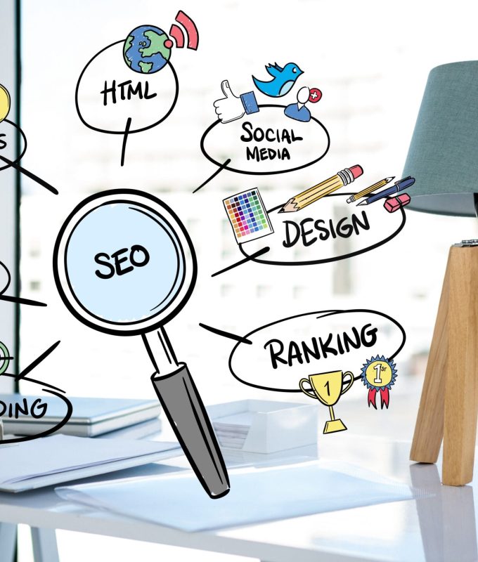 digital composite of business graphics with office background